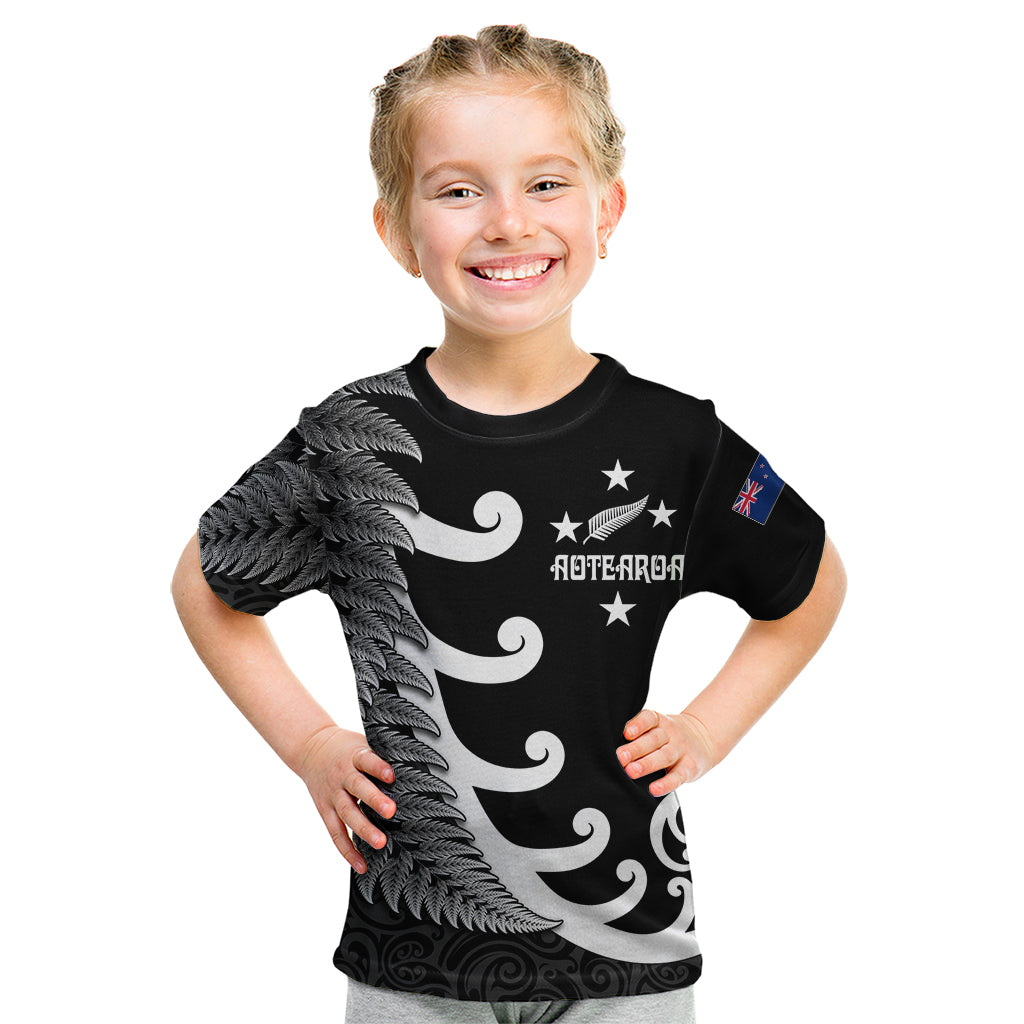 Personalised New Zealand Rugby Kid T Shirt Aotearoa Silver Fern Koru Maori Style - Vibe Hoodie Shop