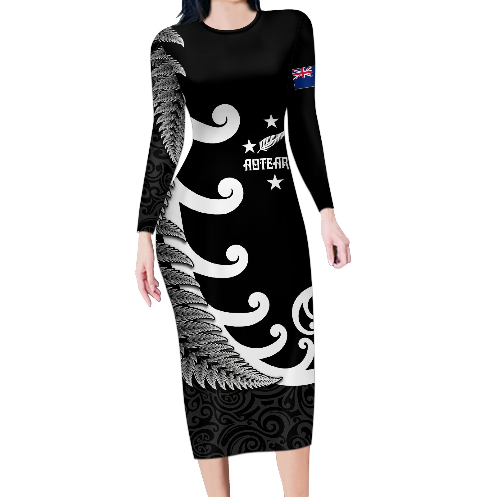 personalised-new-zealand-rugby-long-sleeve-bodycon-dress-aotearoa-silver-fern-koru-maori-style