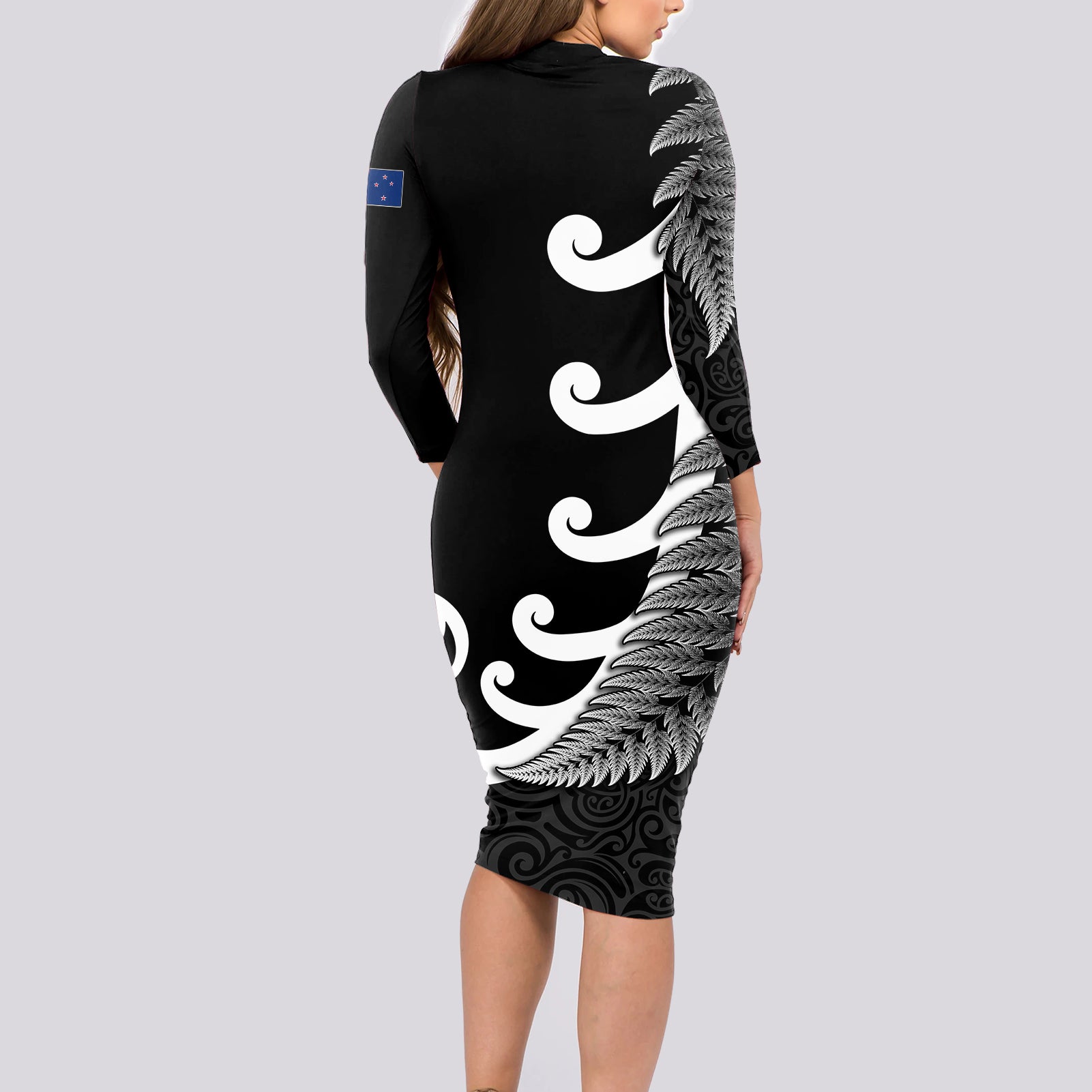 personalised-new-zealand-rugby-long-sleeve-bodycon-dress-aotearoa-silver-fern-koru-maori-style