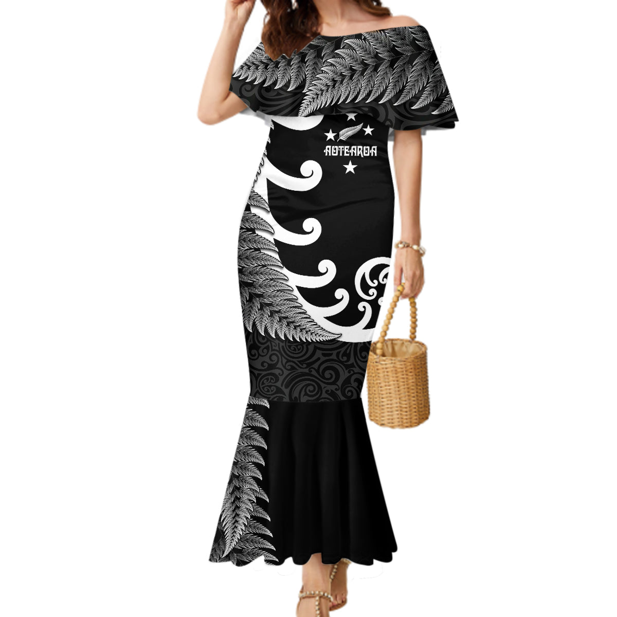 personalised-new-zealand-rugby-mermaid-dress-aotearoa-silver-fern-koru-maori-style