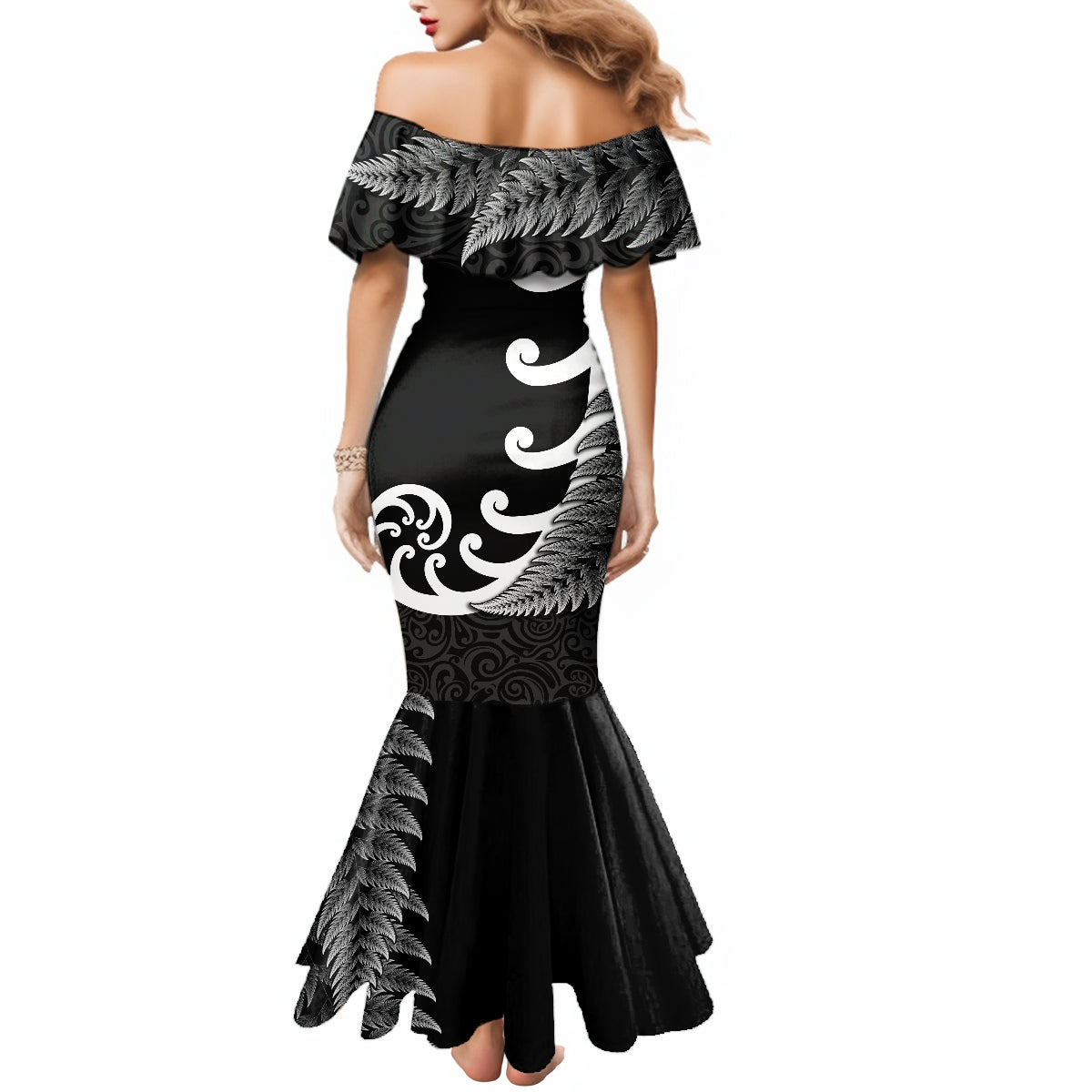 personalised-new-zealand-rugby-mermaid-dress-aotearoa-silver-fern-koru-maori-style