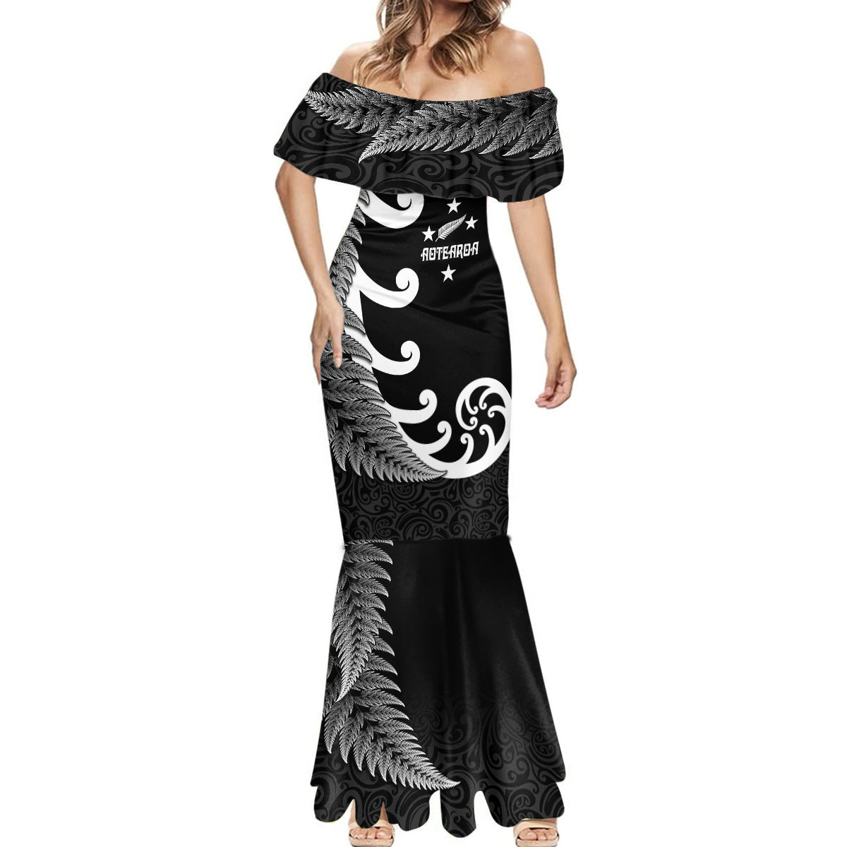 personalised-new-zealand-rugby-mermaid-dress-aotearoa-silver-fern-koru-maori-style