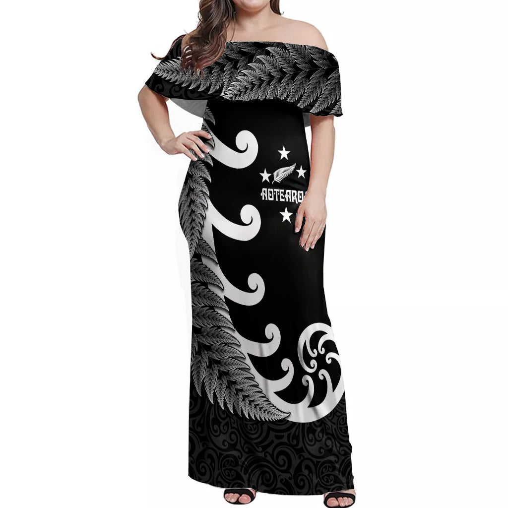 personalised-new-zealand-rugby-off-shoulder-maxi-dress-aotearoa-silver-fern-koru-maori-style