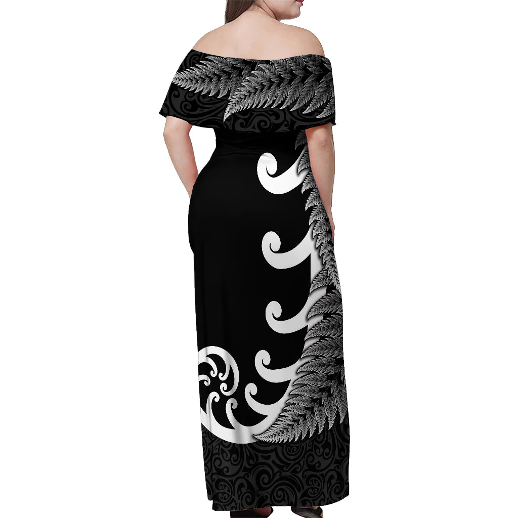personalised-new-zealand-rugby-off-shoulder-maxi-dress-aotearoa-silver-fern-koru-maori-style