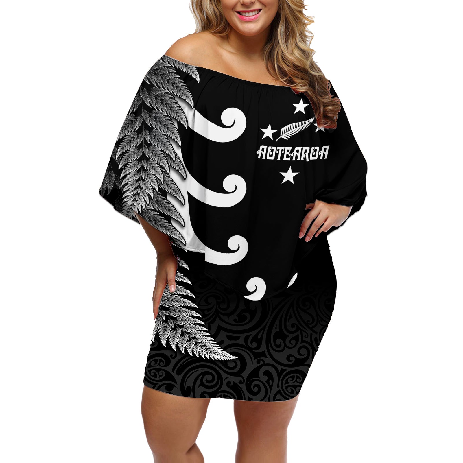 personalised-new-zealand-rugby-off-shoulder-short-dress-aotearoa-silver-fern-koru-maori-style