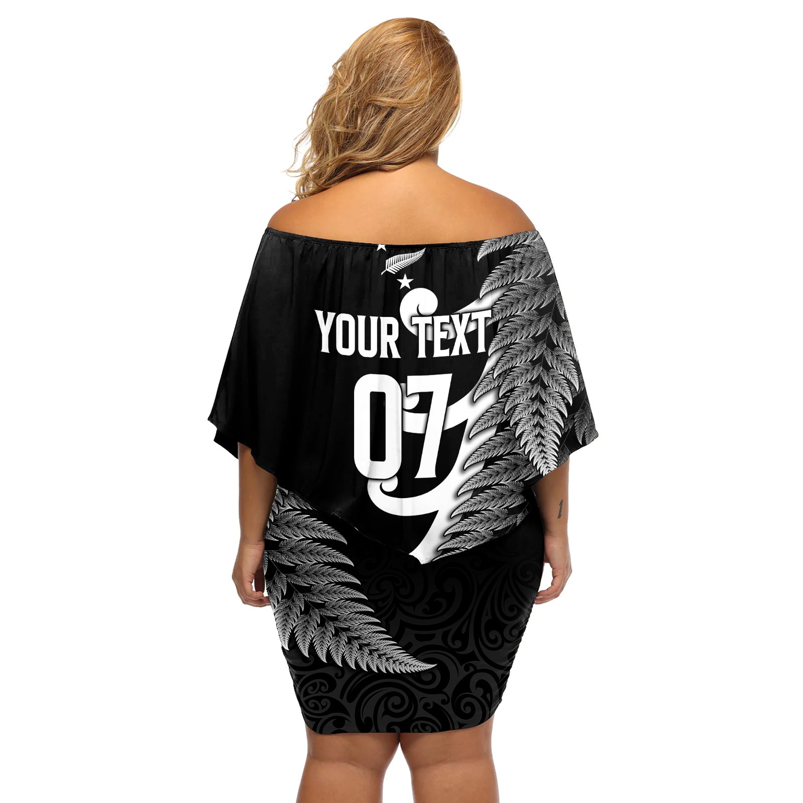 personalised-new-zealand-rugby-off-shoulder-short-dress-aotearoa-silver-fern-koru-maori-style