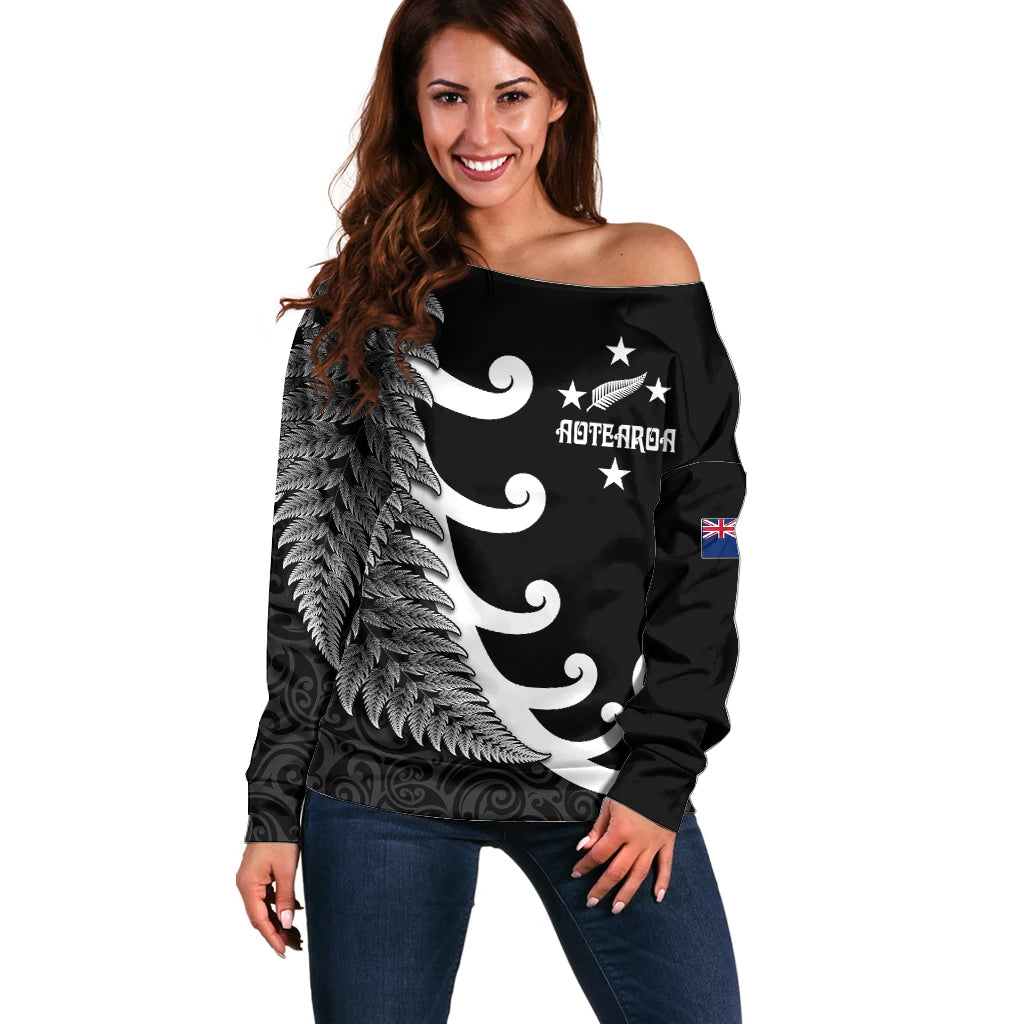 Personalised New Zealand Rugby Off Shoulder Sweater Aotearoa Silver Fern Koru Maori Style - Vibe Hoodie Shop