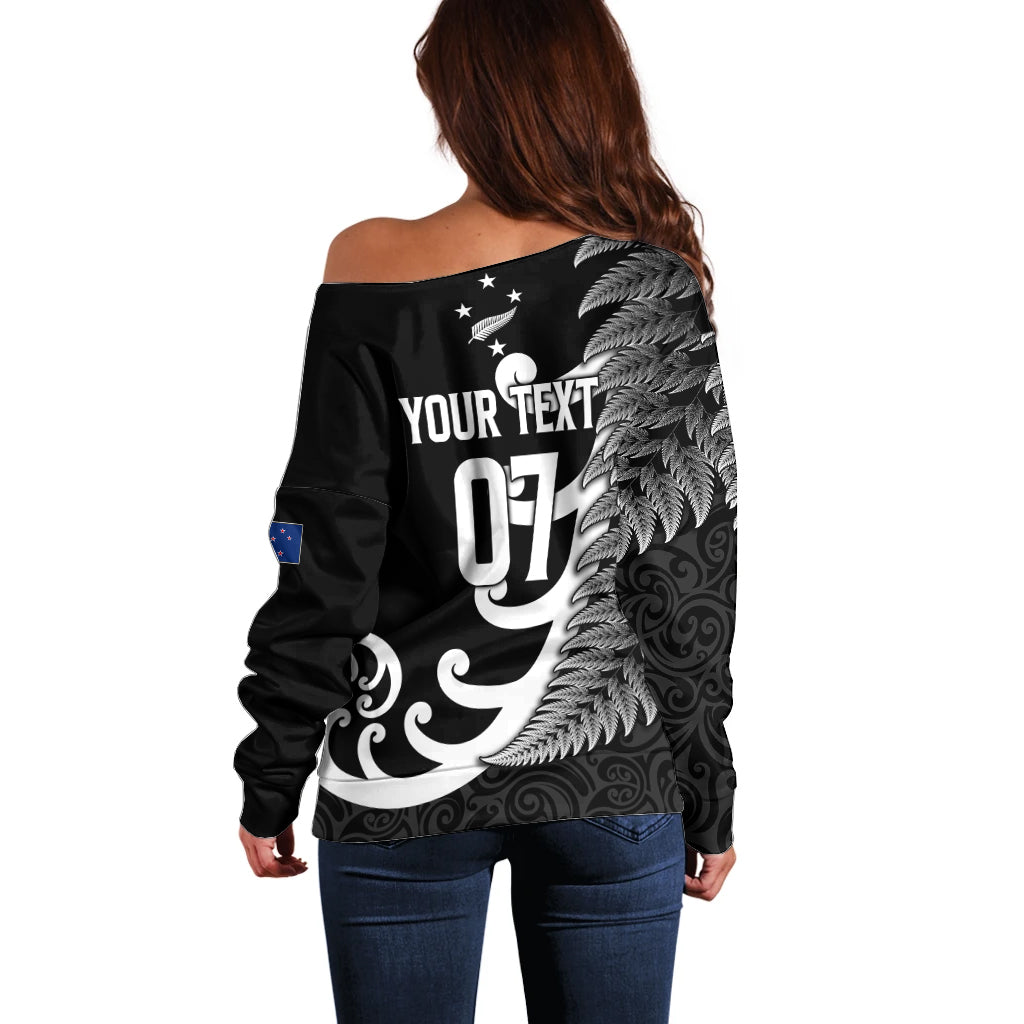 Personalised New Zealand Rugby Off Shoulder Sweater Aotearoa Silver Fern Koru Maori Style - Vibe Hoodie Shop