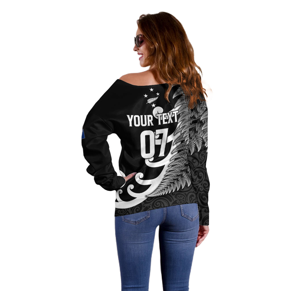 Personalised New Zealand Rugby Off Shoulder Sweater Aotearoa Silver Fern Koru Maori Style - Vibe Hoodie Shop