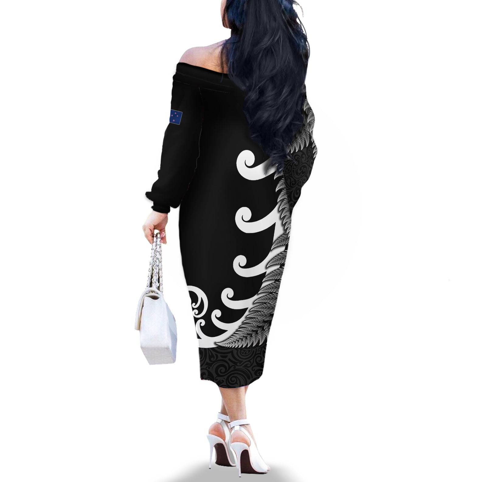 personalised-new-zealand-rugby-off-the-shoulder-long-sleeve-dress-aotearoa-silver-fern-koru-maori-style