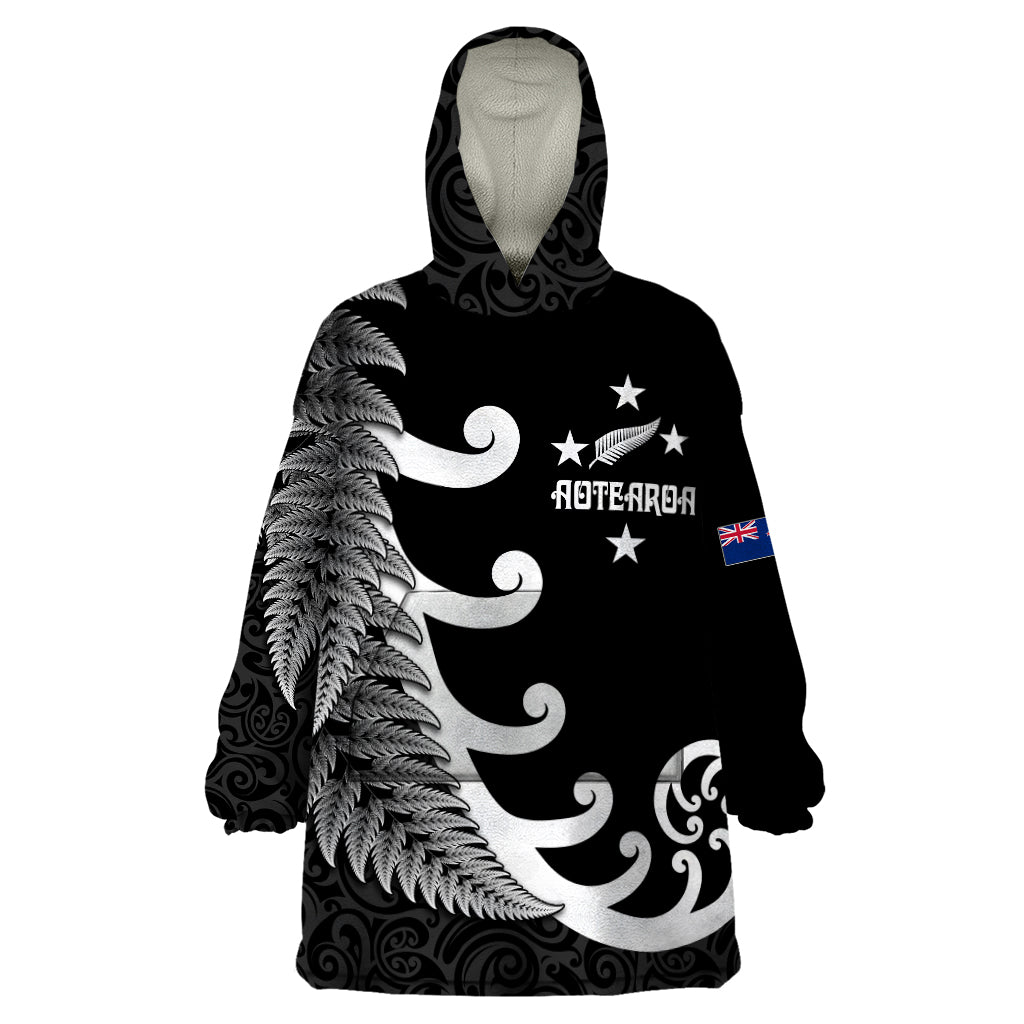 Personalised New Zealand Rugby Wearable Blanket Hoodie Aotearoa Silver Fern Koru Maori Style - Vibe Hoodie Shop