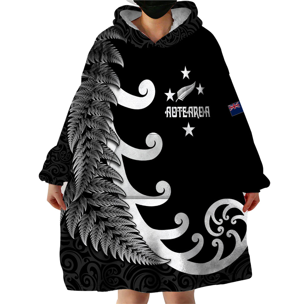 Personalised New Zealand Rugby Wearable Blanket Hoodie Aotearoa Silver Fern Koru Maori Style - Vibe Hoodie Shop