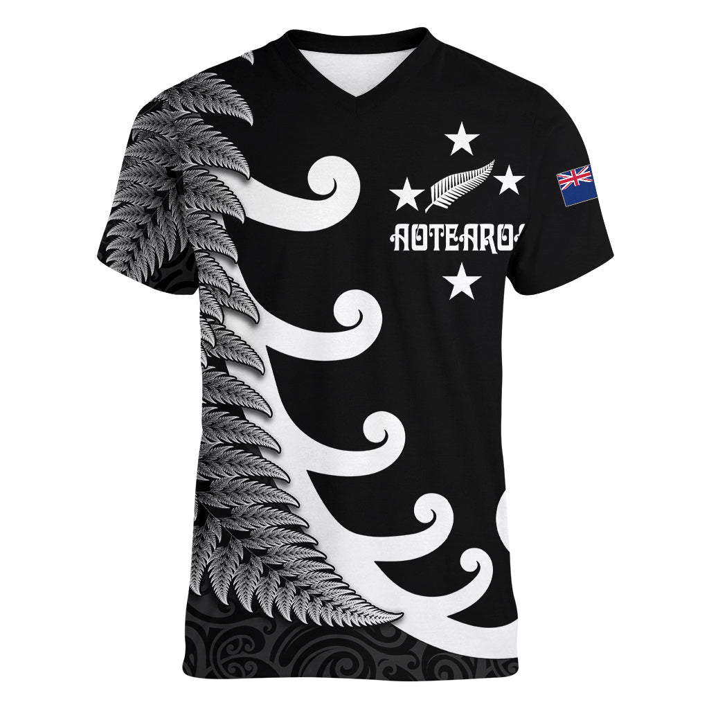 Personalised New Zealand Rugby Women V Neck T Shirt Aotearoa Silver Fern Koru Maori Style - Vibe Hoodie Shop