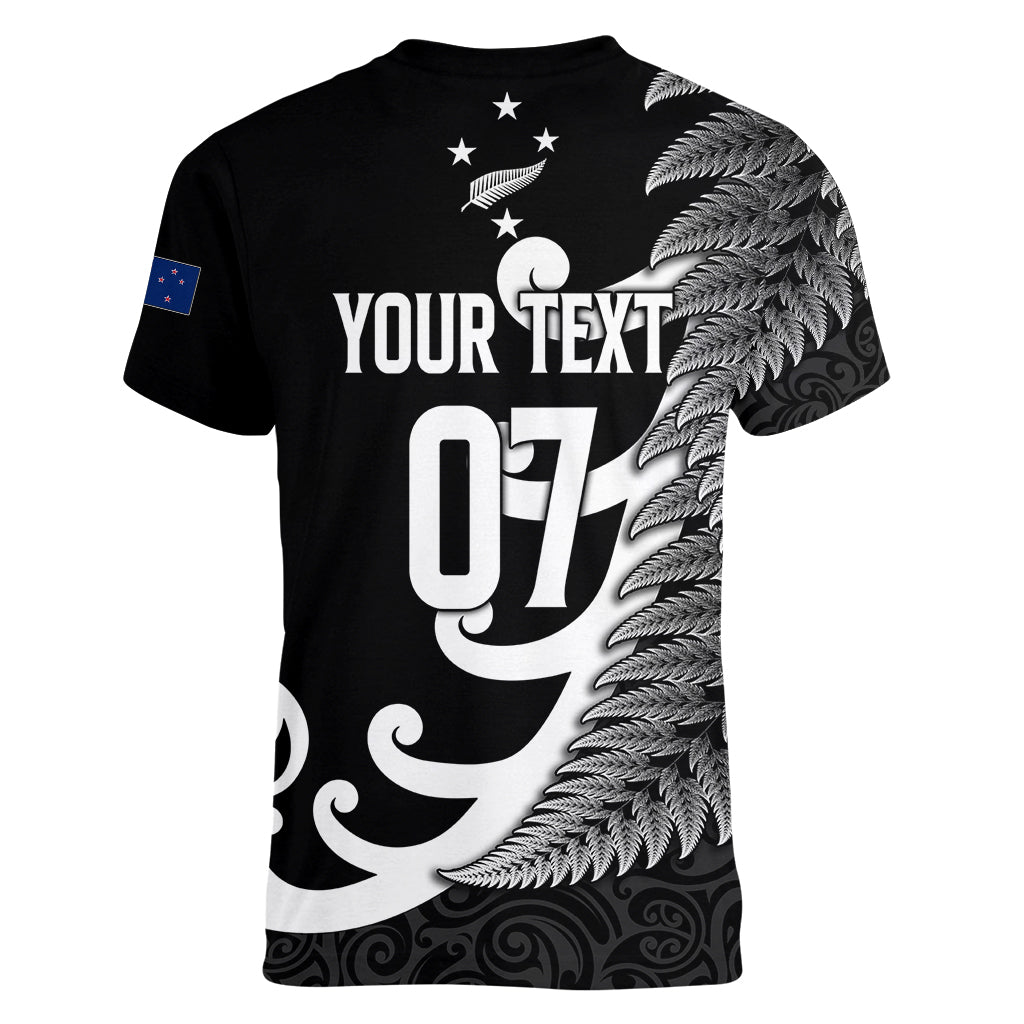 Personalised New Zealand Rugby Women V Neck T Shirt Aotearoa Silver Fern Koru Maori Style - Vibe Hoodie Shop