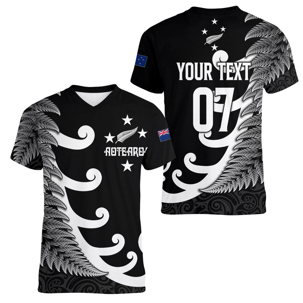 Personalised New Zealand Rugby Women V Neck T Shirt Aotearoa Silver Fern Koru Maori Style - Vibe Hoodie Shop