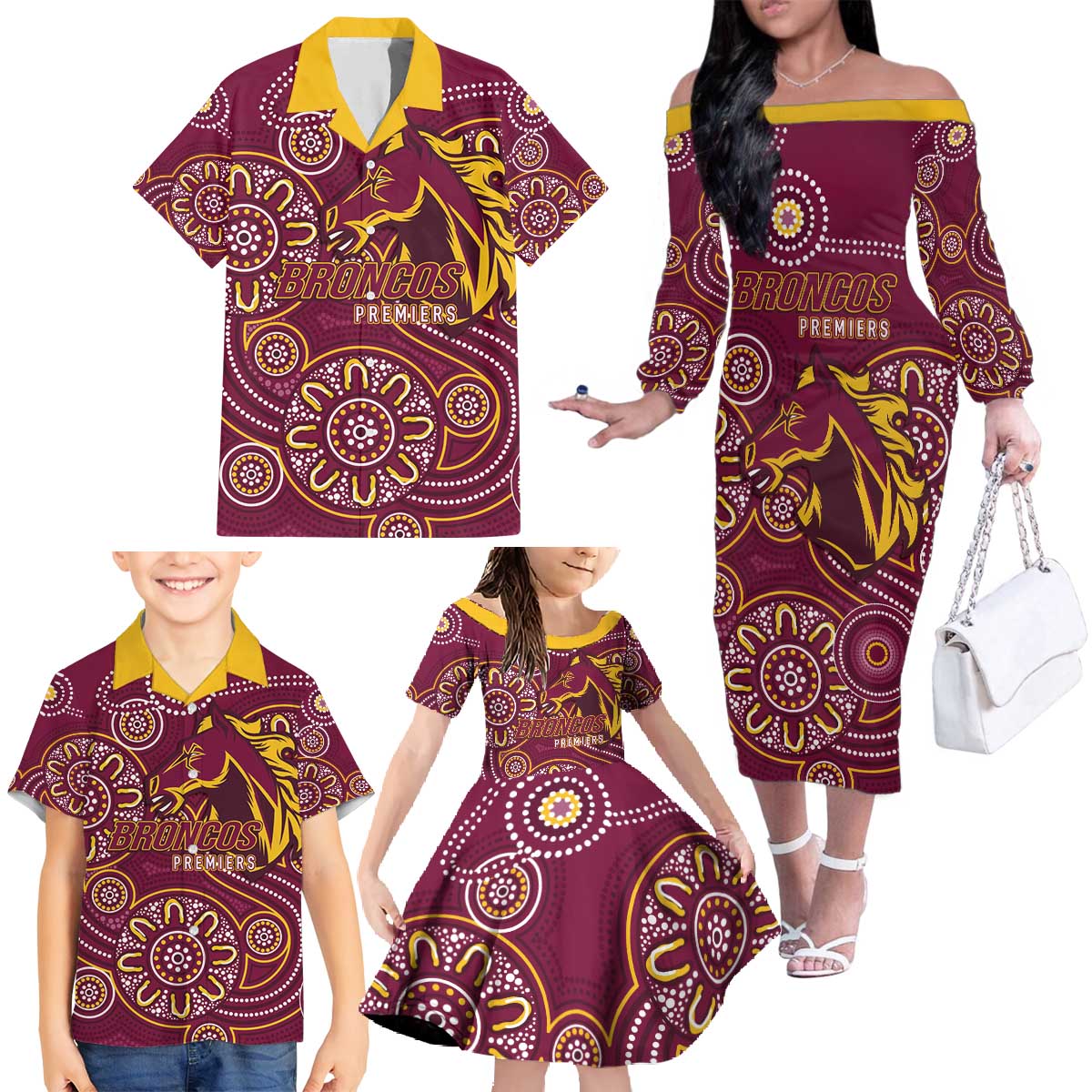 Brisbane Rugby NRL Custom Indigenous Family Matching Off The Shoulder Long Sleeve Dress and Hawaiian Shirt The Mighty Broncos - Vibe Hoodie