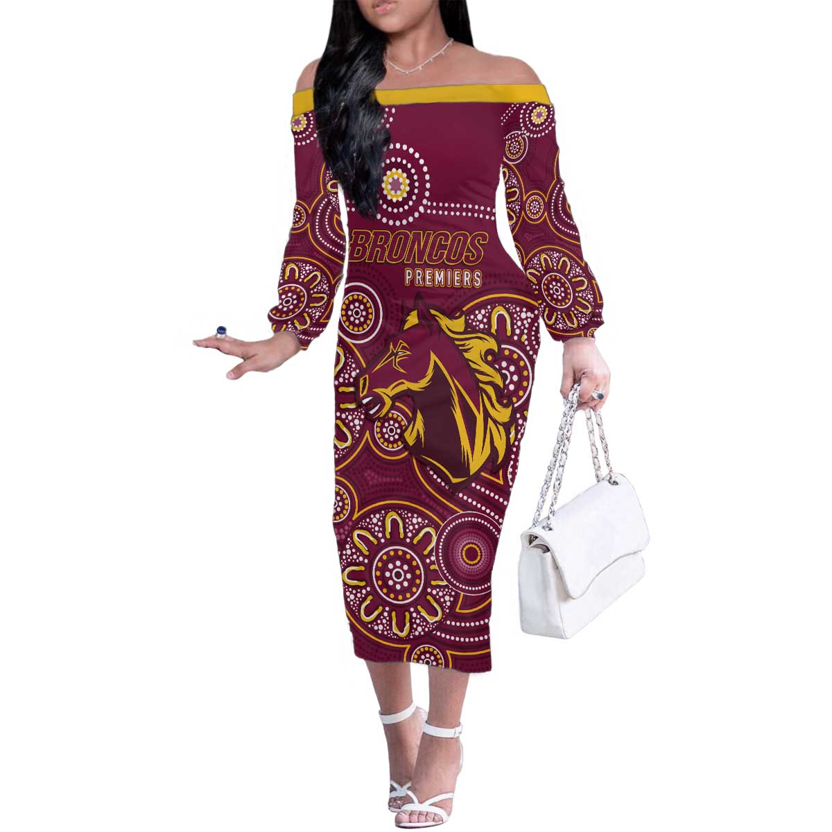 Brisbane Rugby NRL Custom Indigenous Family Matching Off The Shoulder Long Sleeve Dress and Hawaiian Shirt The Mighty Broncos - Vibe Hoodie