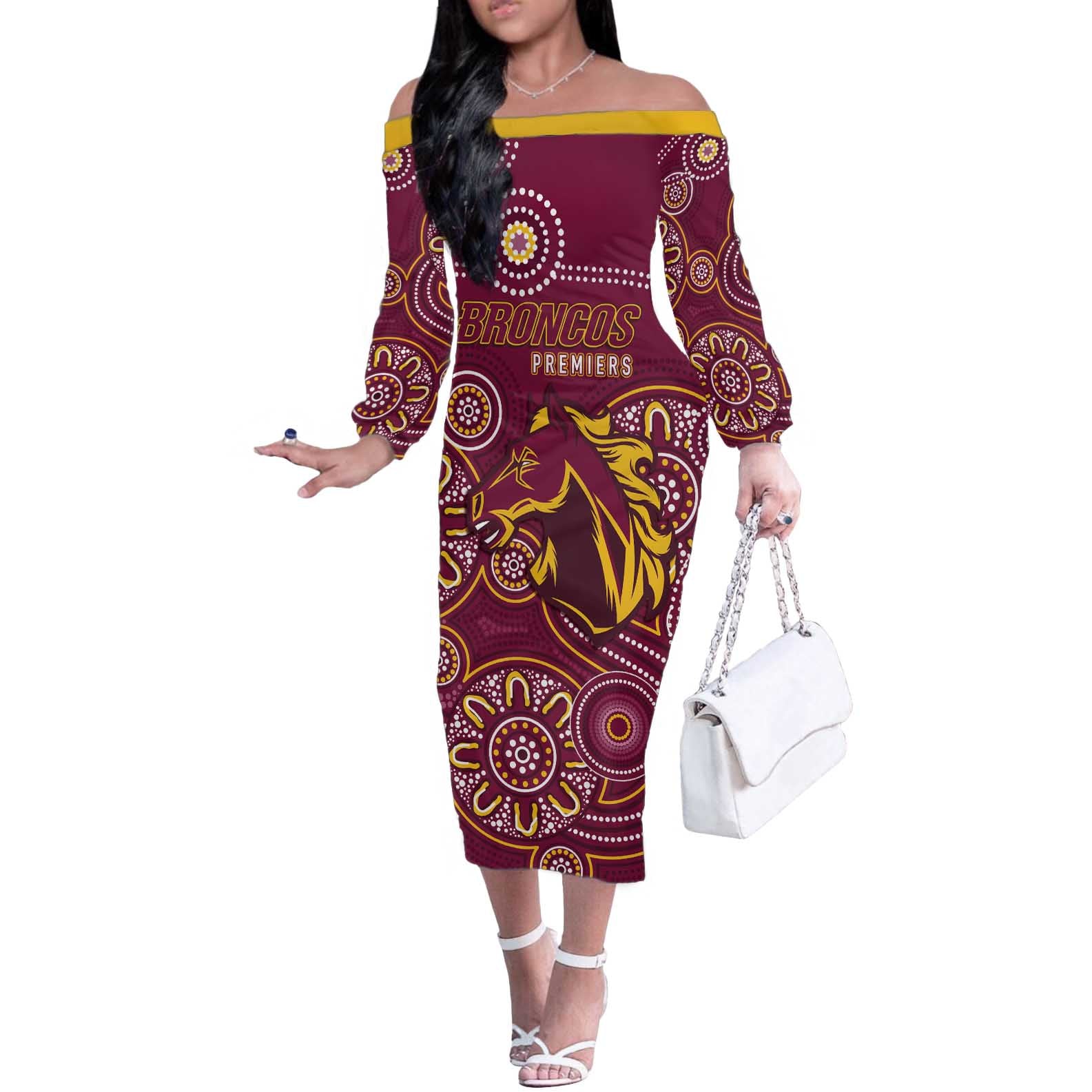 Brisbane Rugby NRL Custom Indigenous Off The Shoulder Long Sleeve Dress The Mighty Broncos - Vibe Hoodie