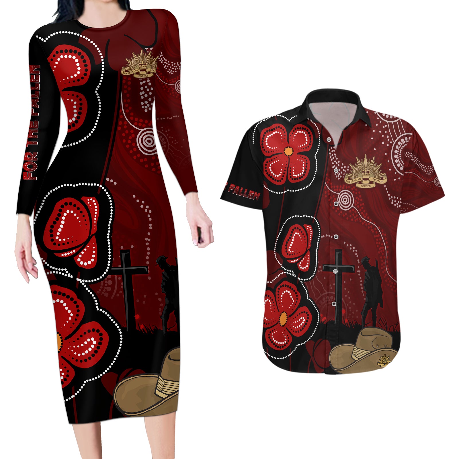 ANZAC Aboriginal Australia Couples Matching Long Sleeve Bodycon Dress and Hawaiian Shirt For the Fallen