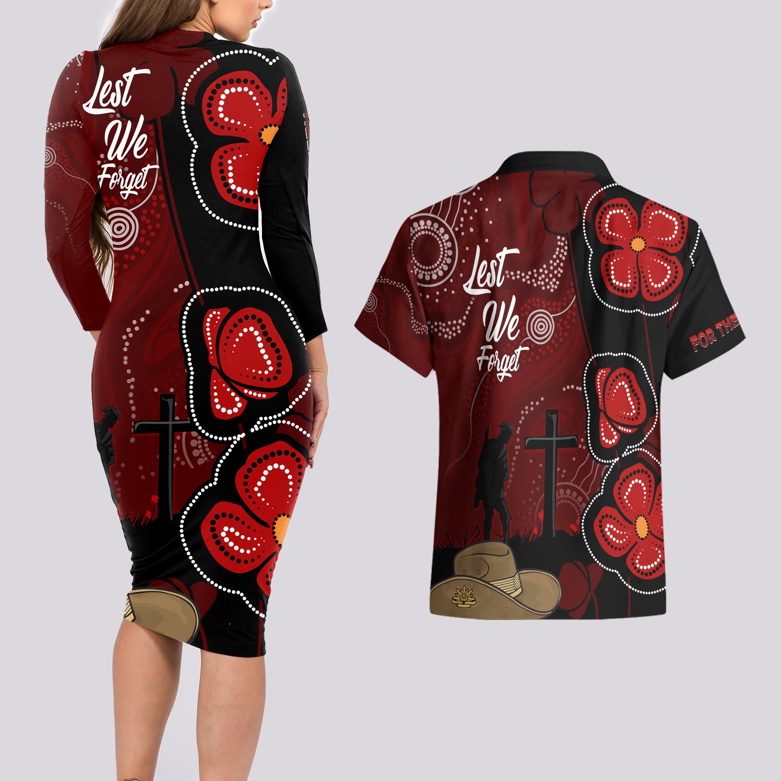 ANZAC Aboriginal Australia Couples Matching Long Sleeve Bodycon Dress and Hawaiian Shirt For the Fallen