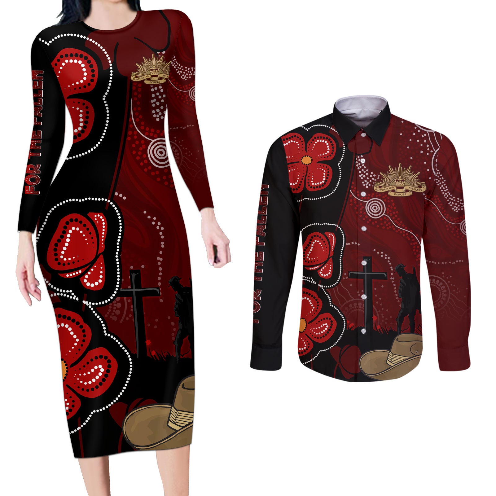 ANZAC Aboriginal Australia Couples Matching Long Sleeve Bodycon Dress and Long Sleeve Button Shirt For the Fallen