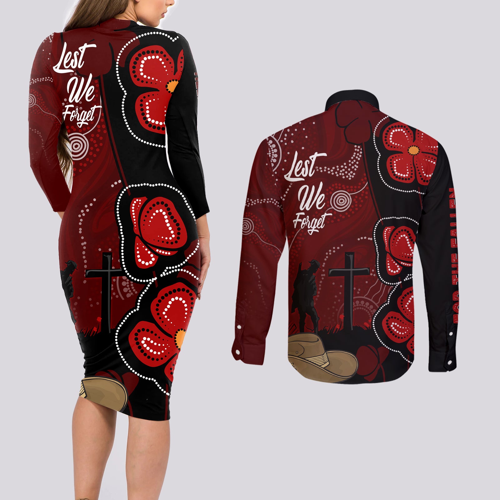 ANZAC Aboriginal Australia Couples Matching Long Sleeve Bodycon Dress and Long Sleeve Button Shirt For the Fallen