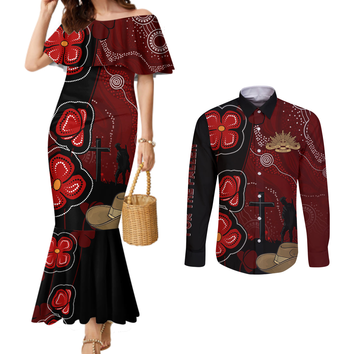 ANZAC Aboriginal Australia Couples Matching Mermaid Dress and Long Sleeve Button Shirt For the Fallen