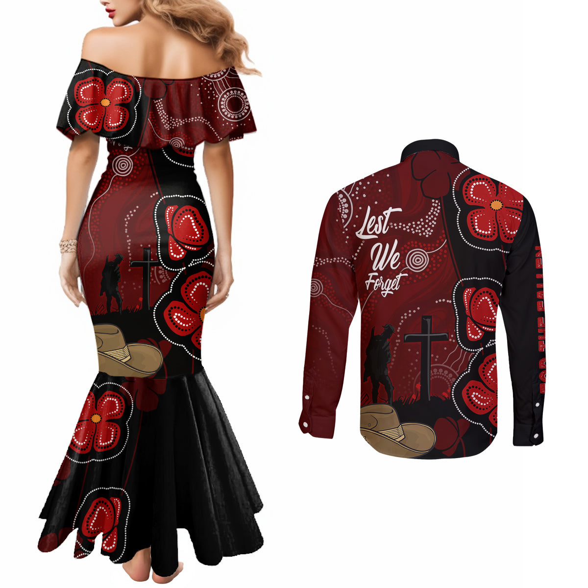 ANZAC Aboriginal Australia Couples Matching Mermaid Dress and Long Sleeve Button Shirt For the Fallen