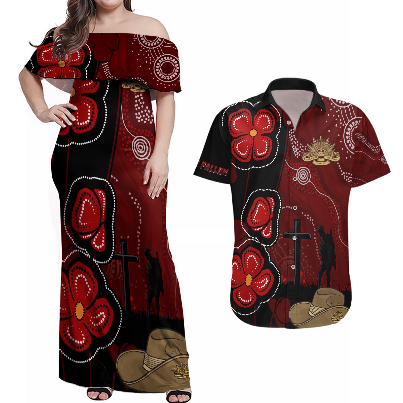 ANZAC Aboriginal Australia Couples Matching Off Shoulder Maxi Dress and Hawaiian Shirt For the Fallen