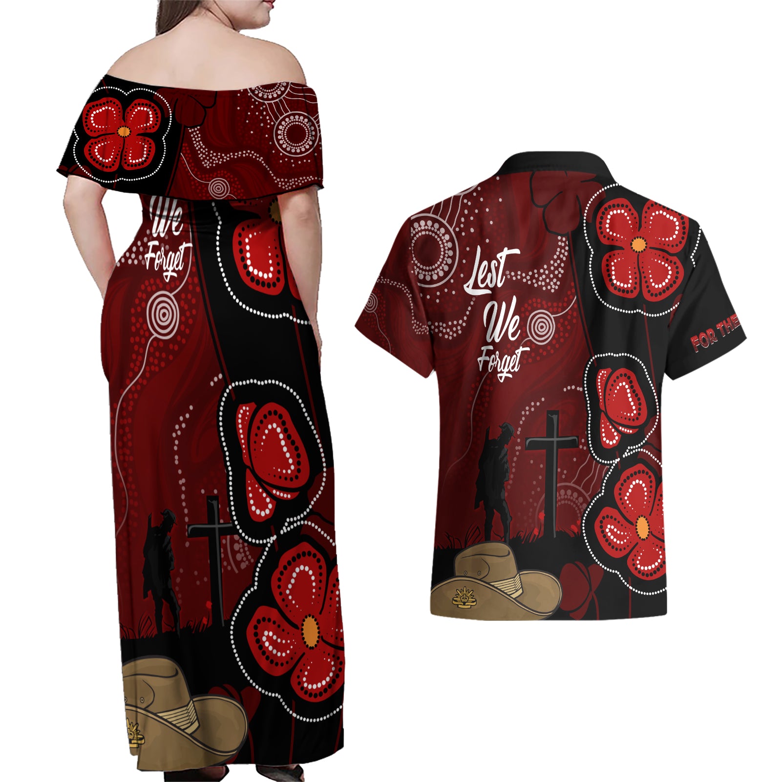 ANZAC Aboriginal Australia Couples Matching Off Shoulder Maxi Dress and Hawaiian Shirt For the Fallen