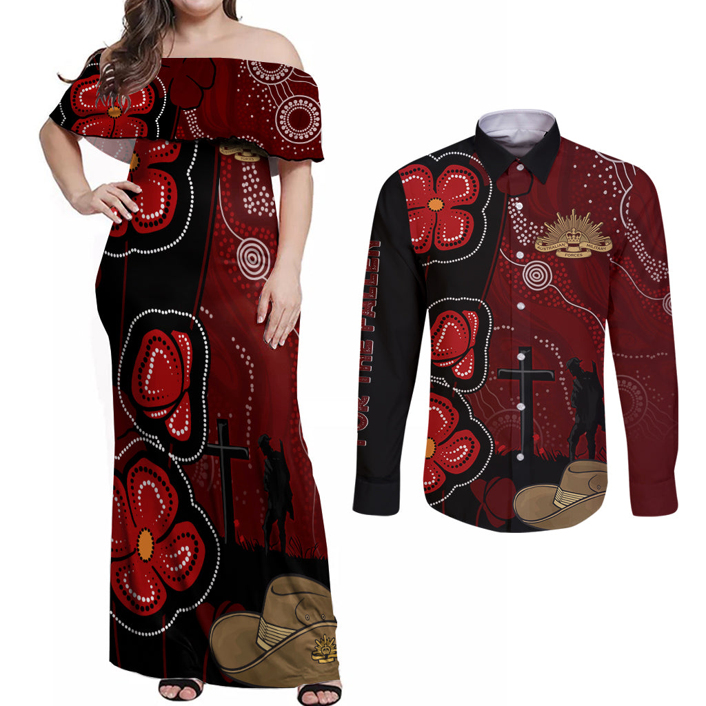 ANZAC Aboriginal Australia Couples Matching Off Shoulder Maxi Dress and Long Sleeve Button Shirt For the Fallen