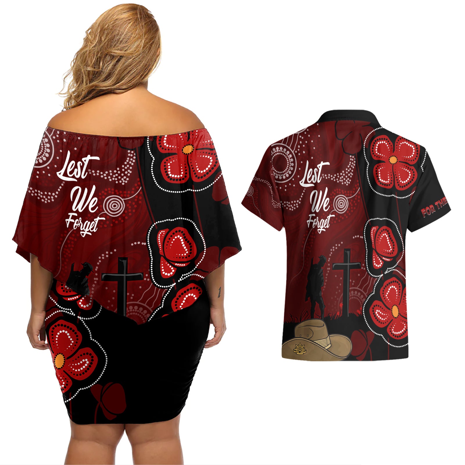 ANZAC Aboriginal Australia Couples Matching Off Shoulder Short Dress and Hawaiian Shirt For the Fallen