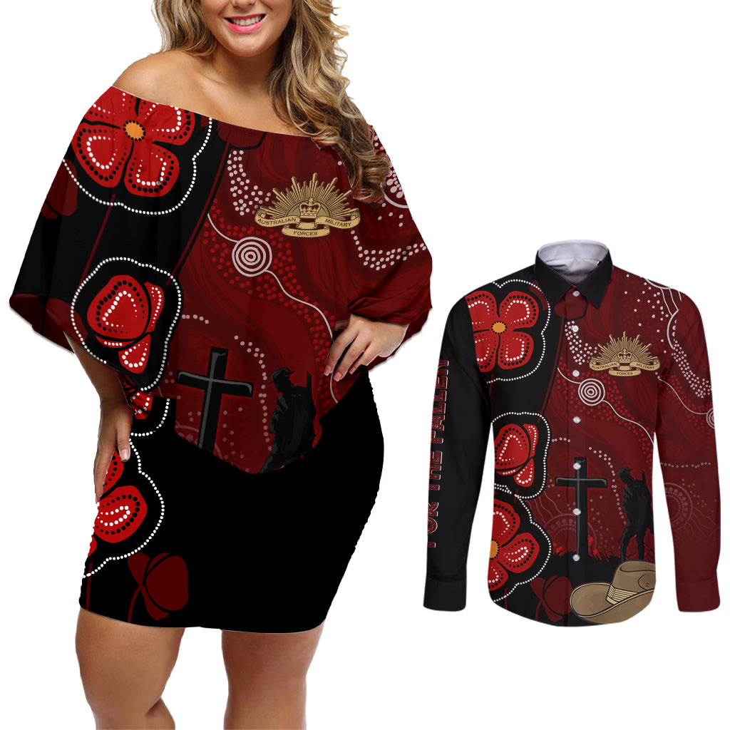 ANZAC Aboriginal Australia Couples Matching Off Shoulder Short Dress and Long Sleeve Button Shirt For the Fallen