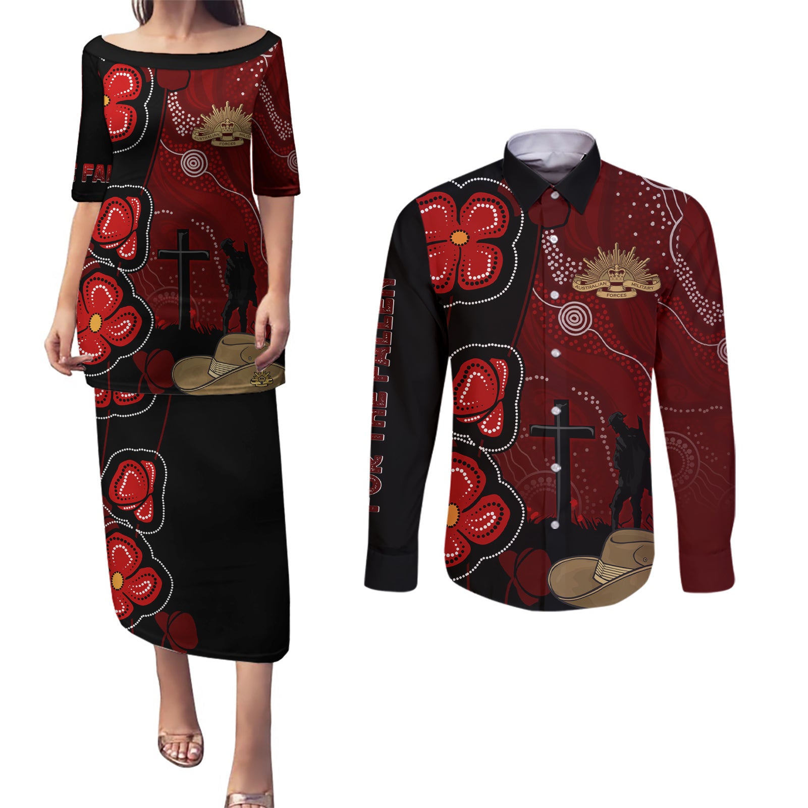 ANZAC Aboriginal Australia Couples Matching Puletasi and Long Sleeve Button Shirt For the Fallen