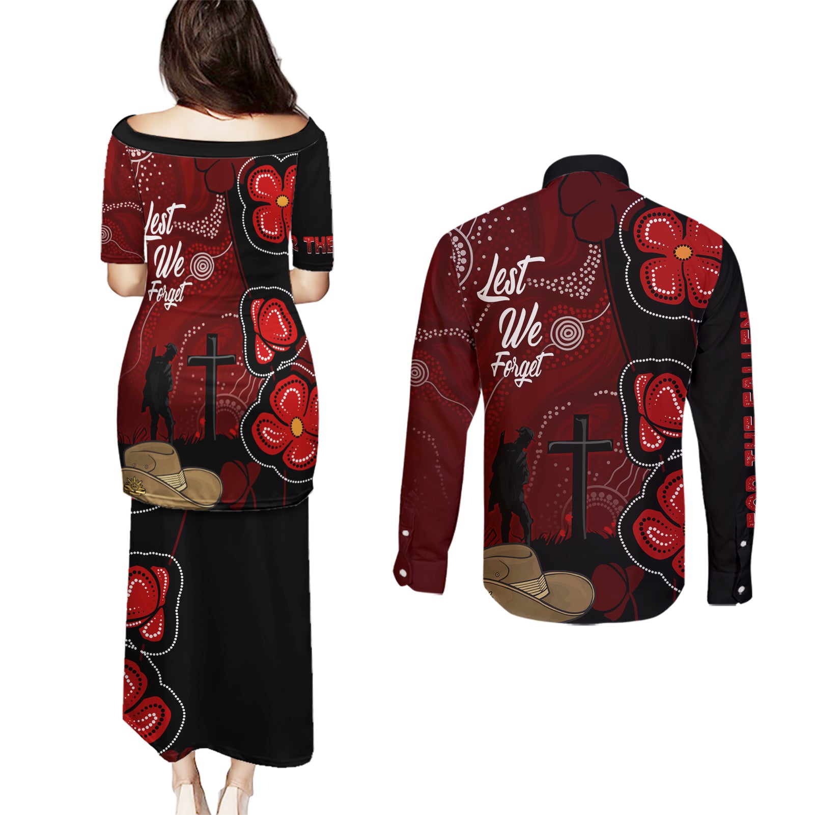 ANZAC Aboriginal Australia Couples Matching Puletasi and Long Sleeve Button Shirt For the Fallen