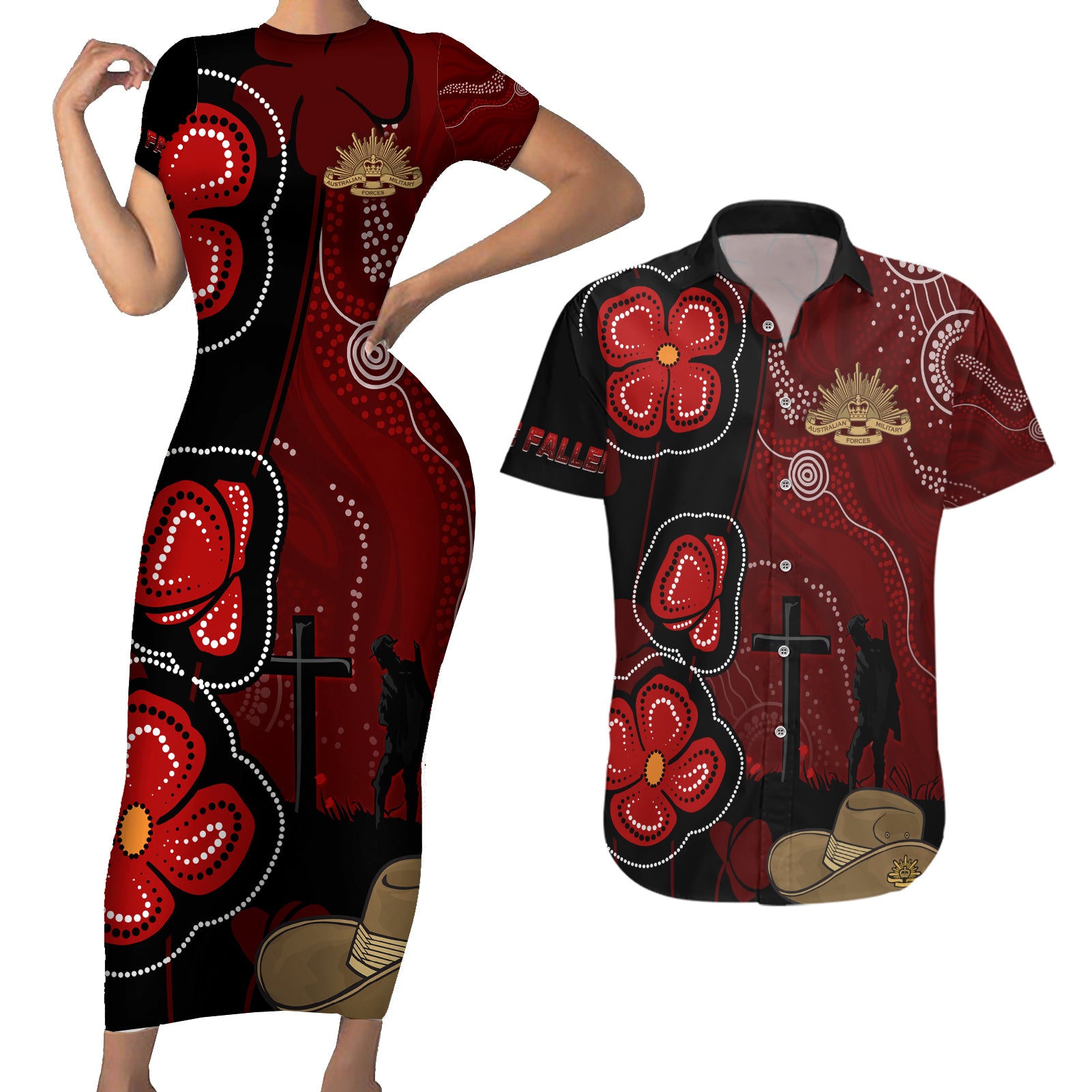 ANZAC Aboriginal Australia Couples Matching Short Sleeve Bodycon Dress and Hawaiian Shirt For the Fallen