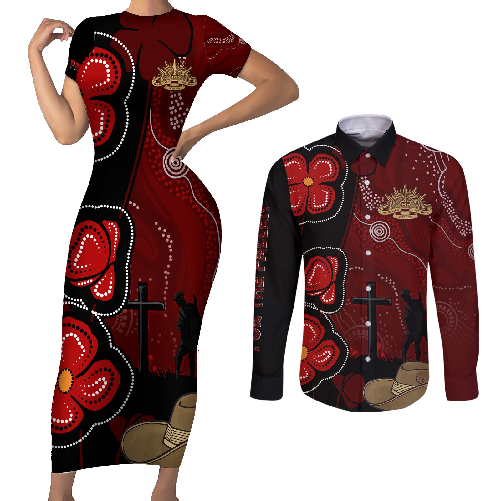 ANZAC Aboriginal Australia Couples Matching Short Sleeve Bodycon Dress and Long Sleeve Button Shirt For the Fallen