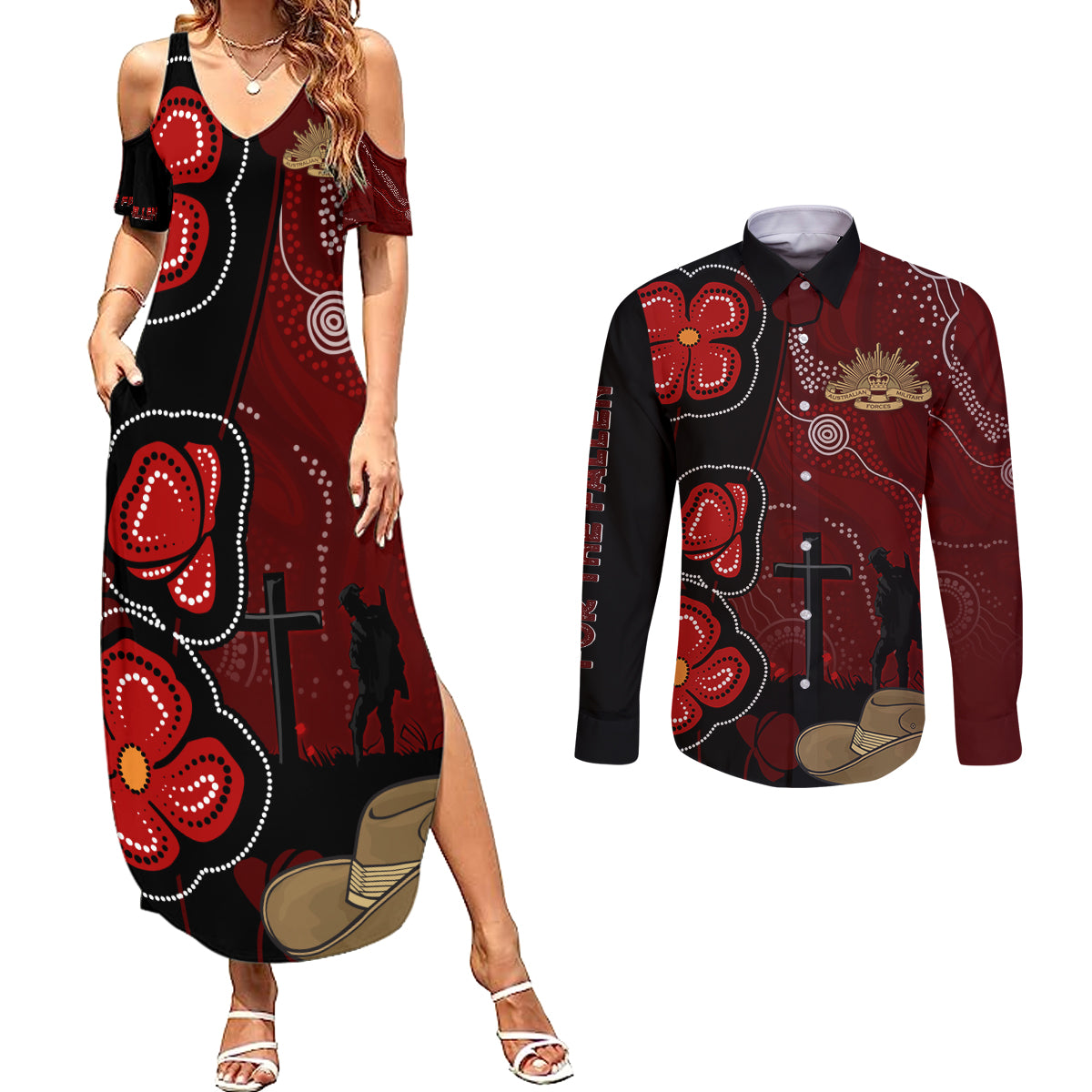 ANZAC Aboriginal Australia Couples Matching Summer Maxi Dress and Long Sleeve Button Shirt For the Fallen