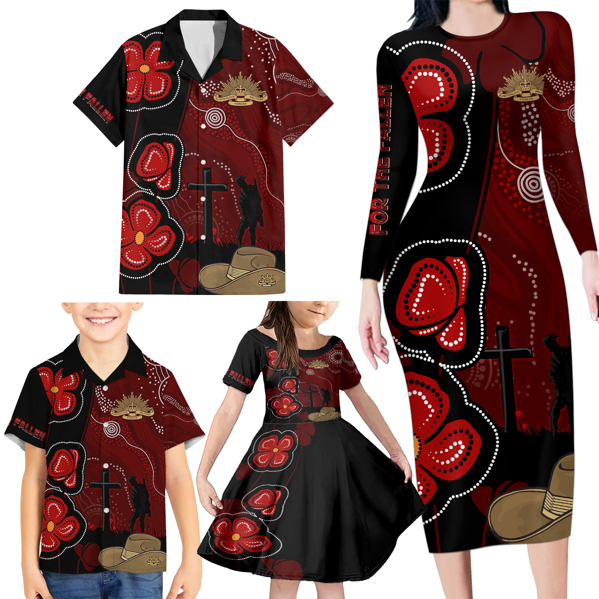 ANZAC Aboriginal Australia Family Matching Long Sleeve Bodycon Dress and Hawaiian Shirt For the Fallen