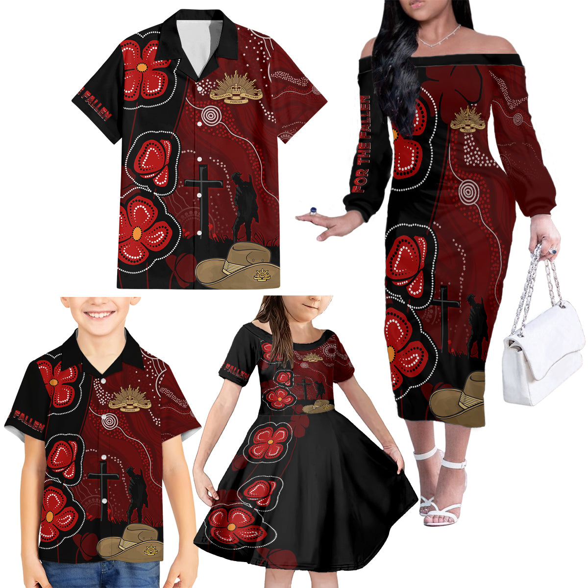 ANZAC Aboriginal Australia Family Matching Off Shoulder Long Sleeve Dress and Hawaiian Shirt For the Fallen