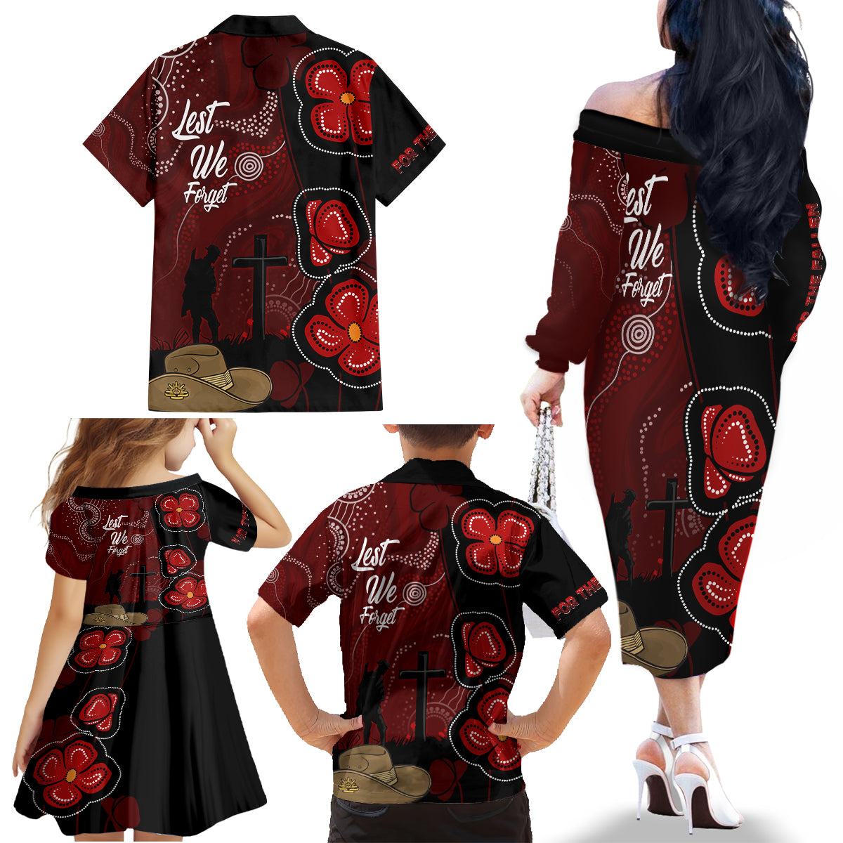 ANZAC Aboriginal Australia Family Matching Off Shoulder Long Sleeve Dress and Hawaiian Shirt For the Fallen