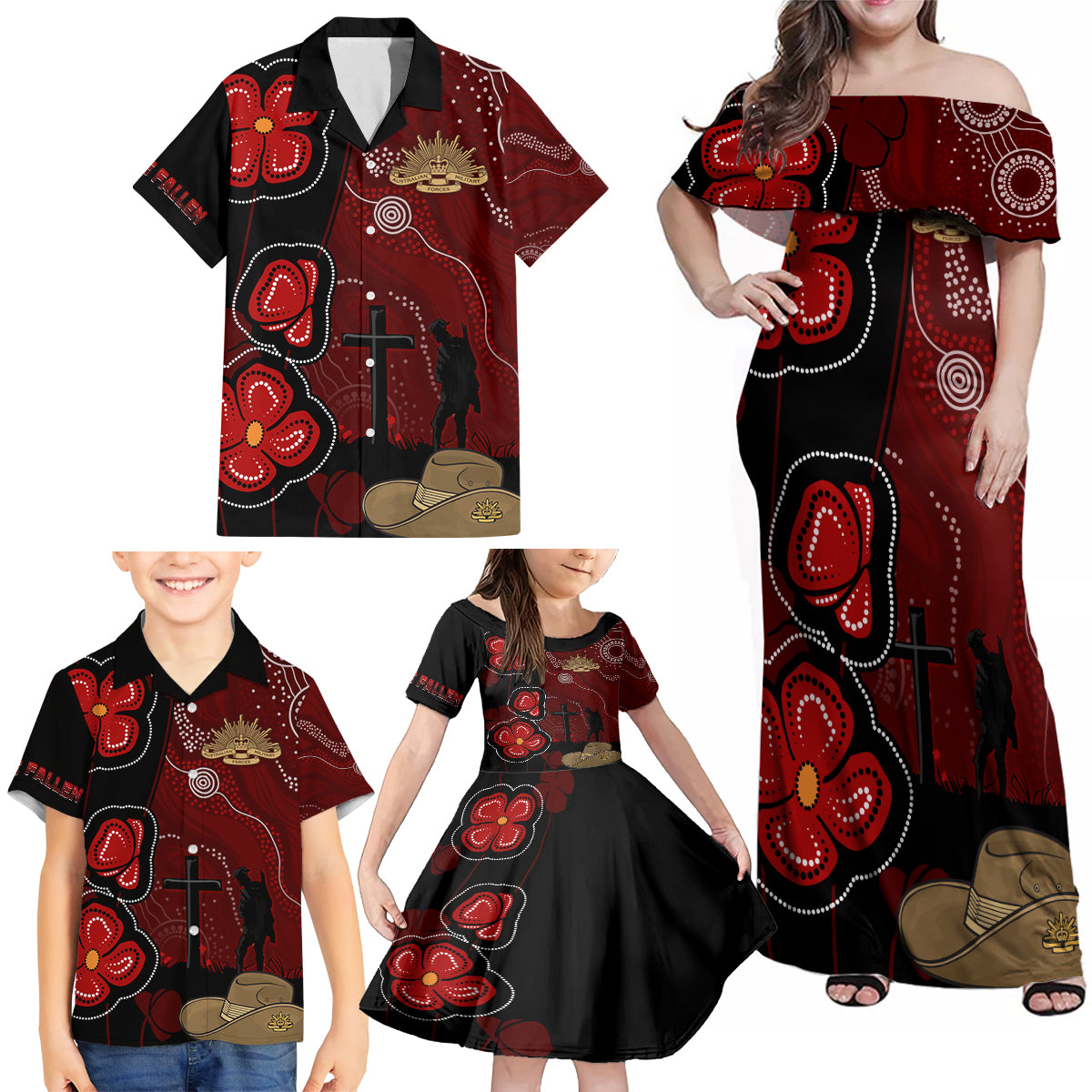 ANZAC Aboriginal Australia Family Matching Off Shoulder Maxi Dress and Hawaiian Shirt For the Fallen
