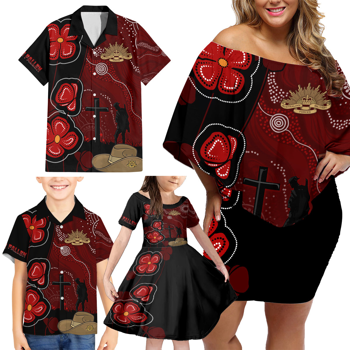 ANZAC Aboriginal Australia Family Matching Off Shoulder Short Dress and Hawaiian Shirt For the Fallen