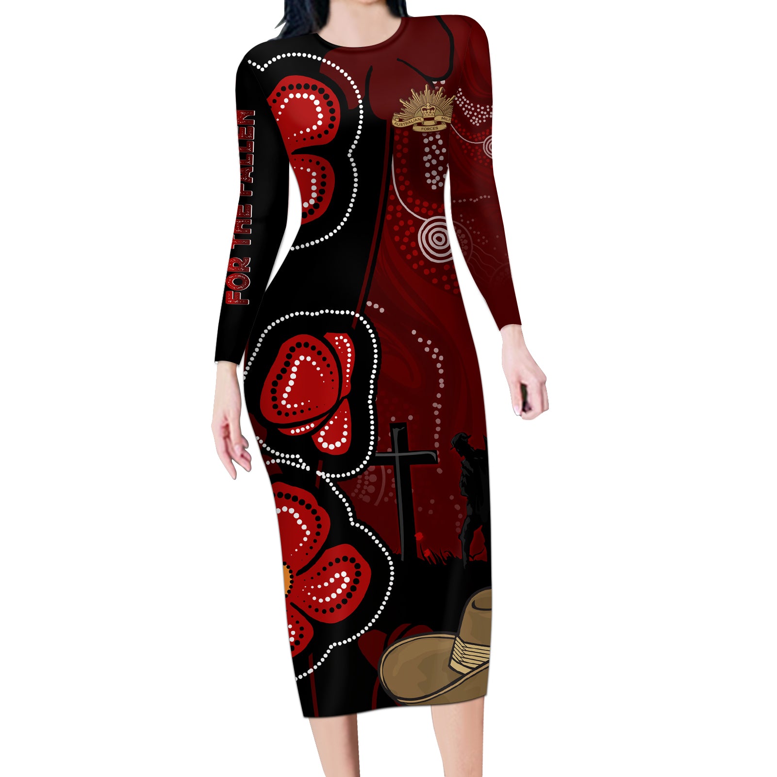 ANZAC Aboriginal Australia Long Sleeve Bodycon Dress For the Fallen