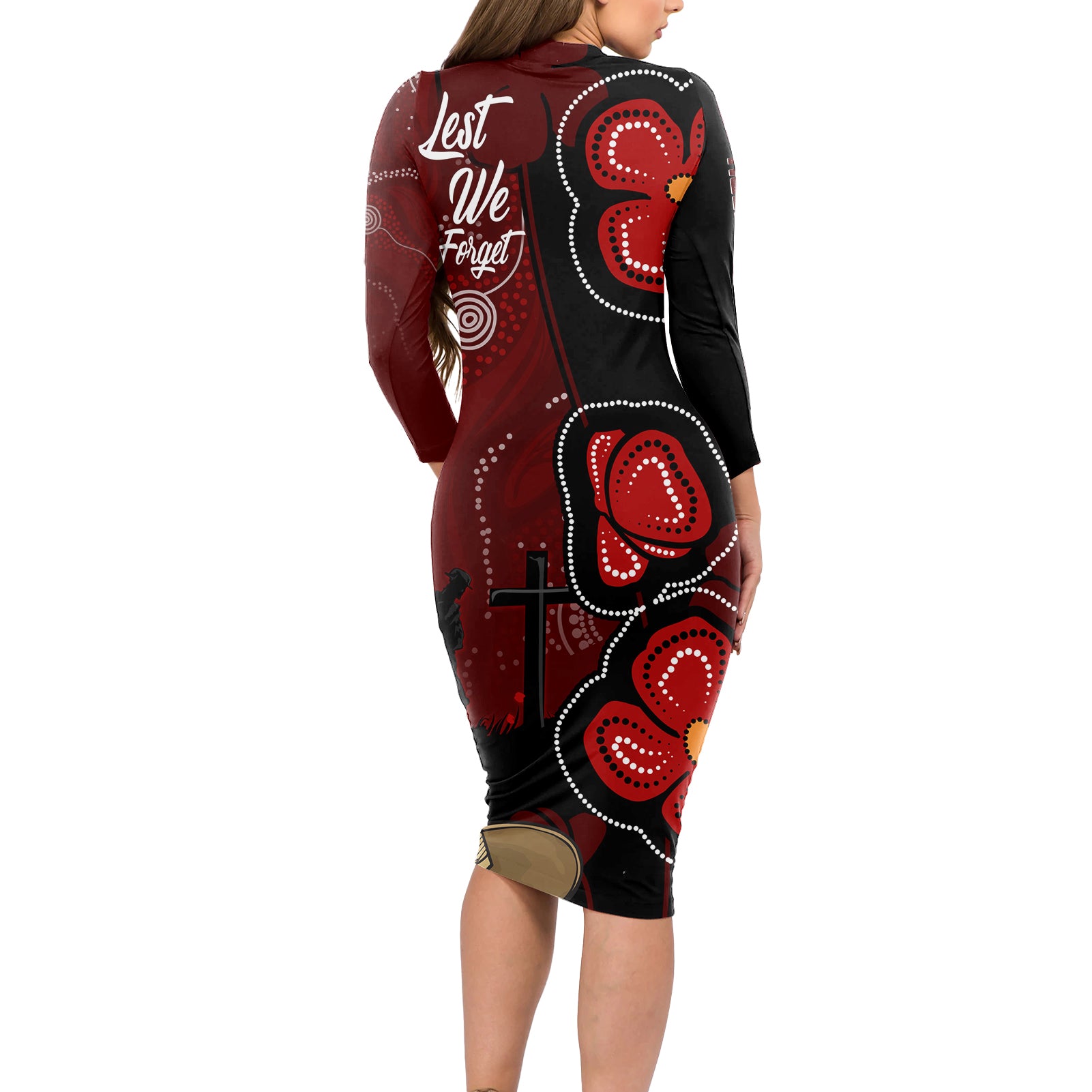 ANZAC Aboriginal Australia Long Sleeve Bodycon Dress For the Fallen
