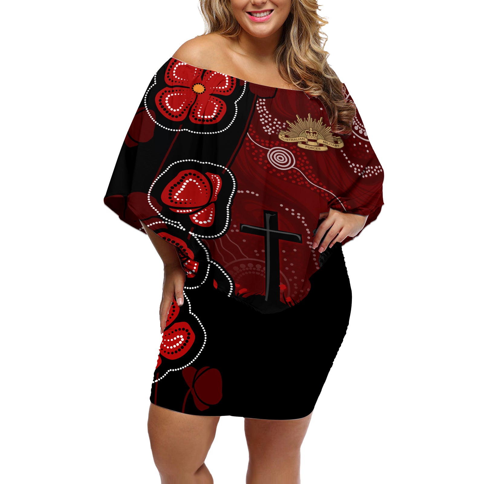 ANZAC Aboriginal Australia Off Shoulder Short Dress For the Fallen