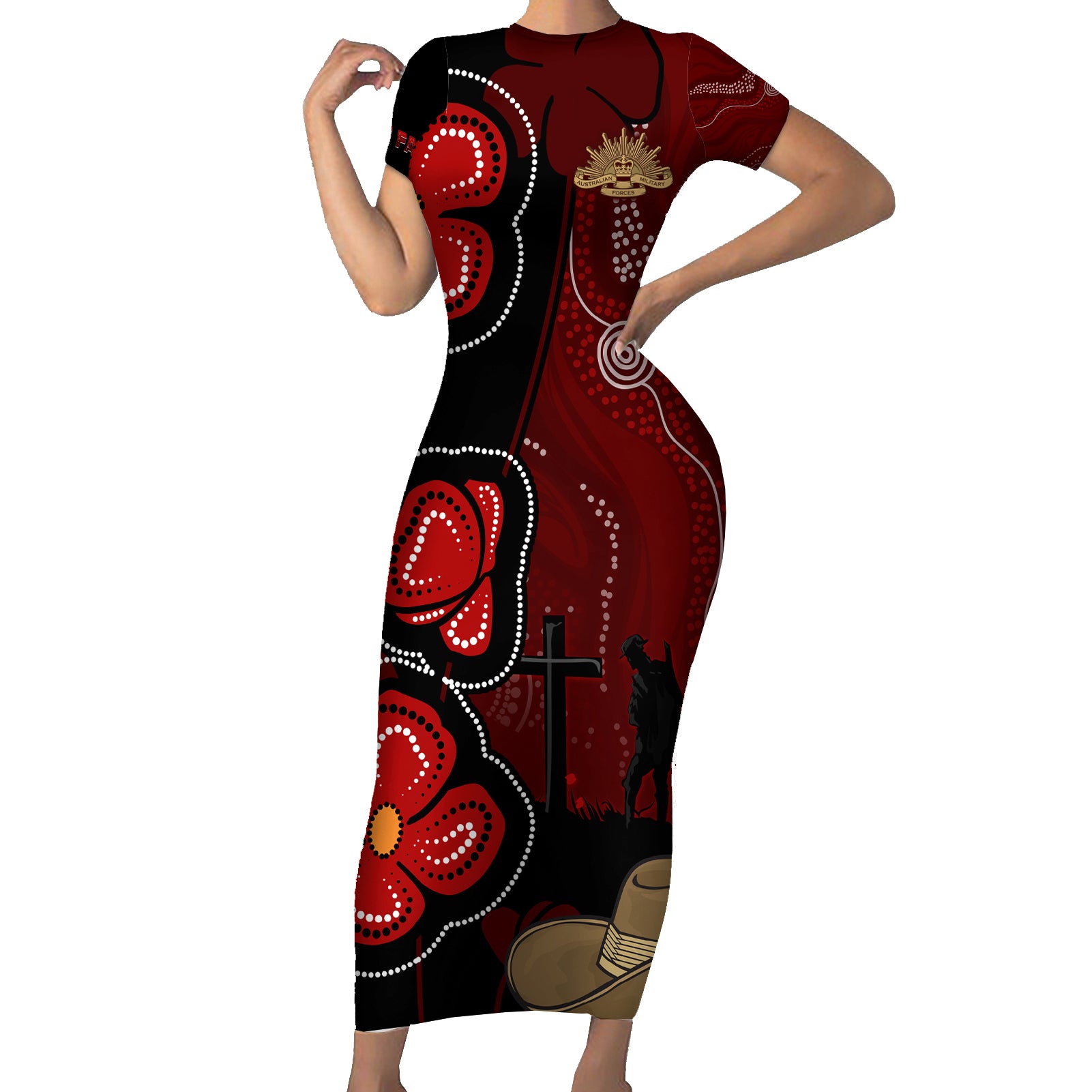 ANZAC Aboriginal Australia Short Sleeve Bodycon Dress For the Fallen
