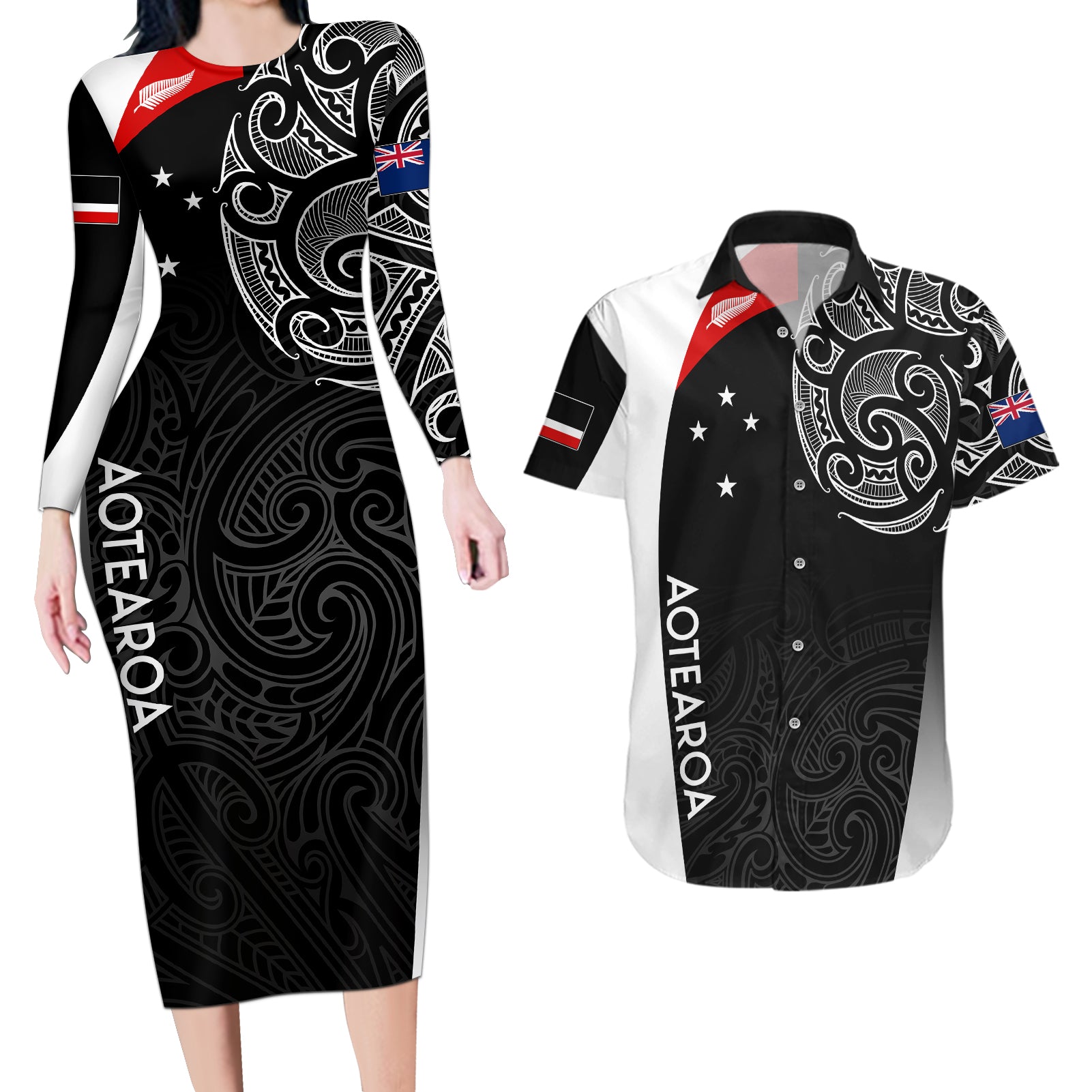 personalised-new-zealand-rugby-couples-matching-long-sleeve-bodycon-dress-and-hawaiian-shirt-aotearoa-world-cup-2023-champions