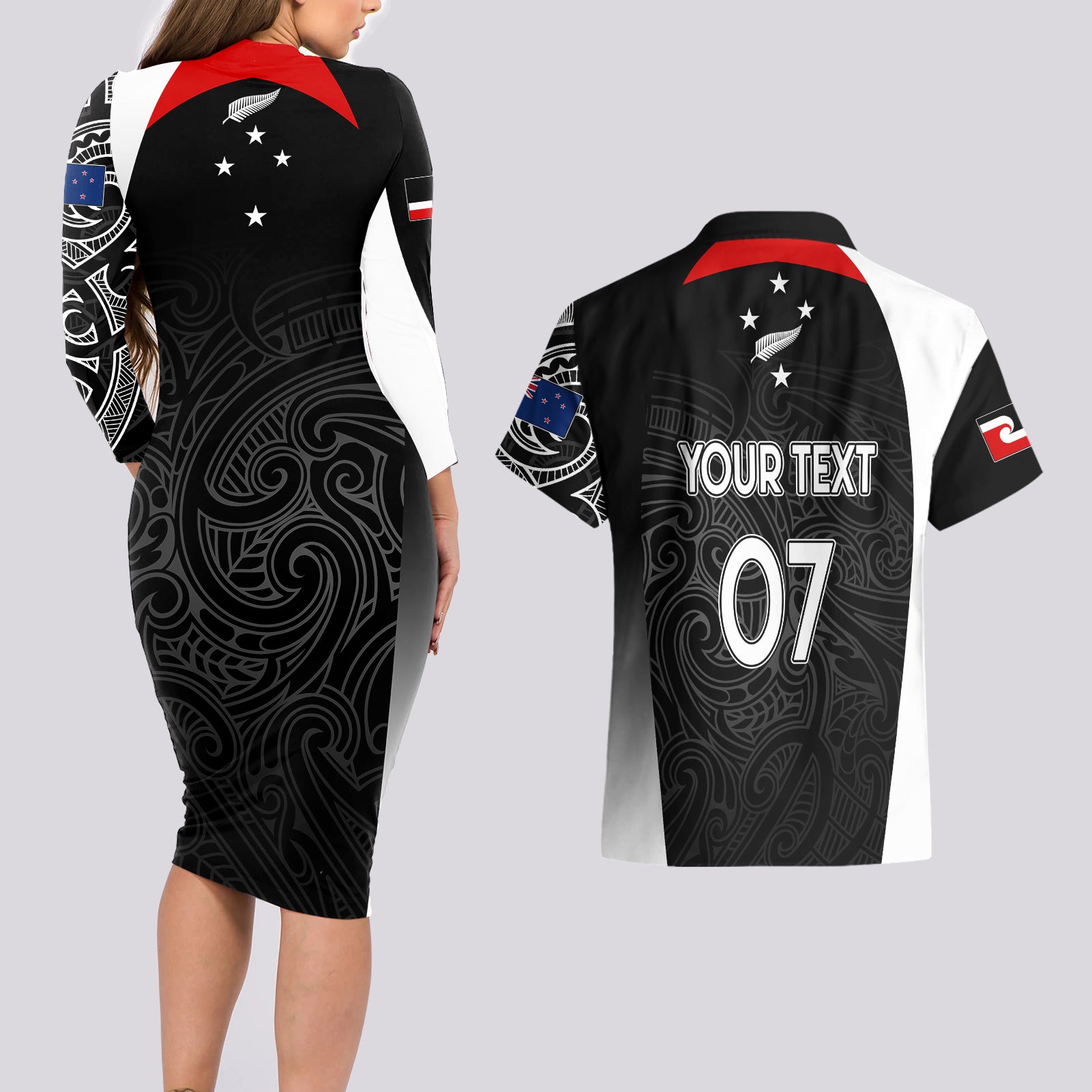 personalised-new-zealand-rugby-couples-matching-long-sleeve-bodycon-dress-and-hawaiian-shirt-aotearoa-world-cup-2023-champions