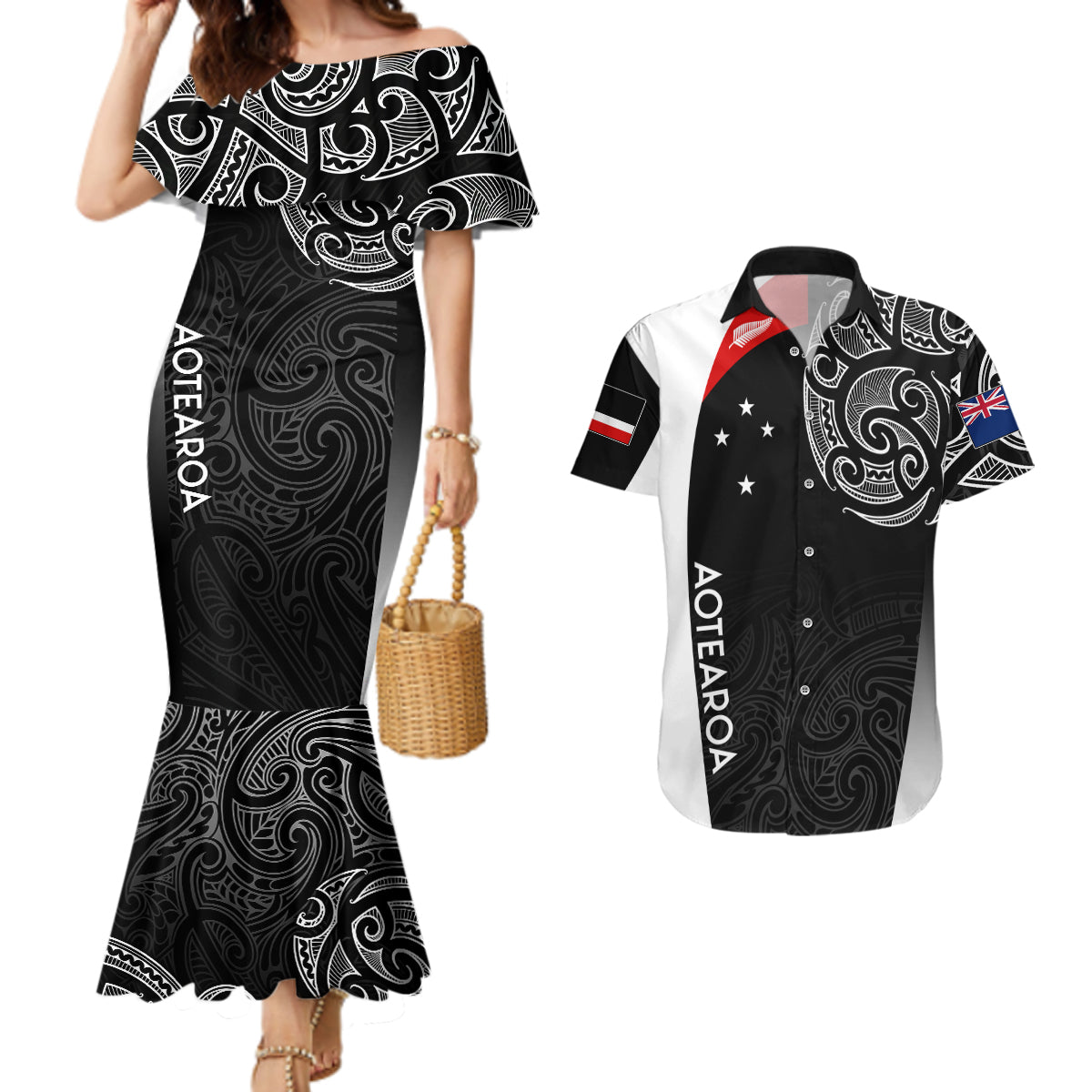 personalised-new-zealand-rugby-couples-matching-mermaid-dress-and-hawaiian-shirt-aotearoa-world-cup-2023-champions